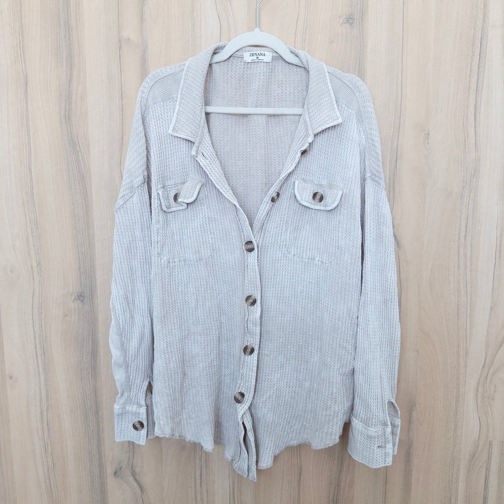 Zenana Womens Waffle Knit Button Up Shirt M Beige Shacket Oversized Minimalist